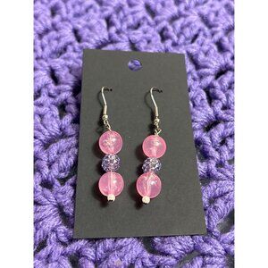 Pink Purple Plastic Bead Dangle Earrings Silvertone Hooks 1.5 inches
